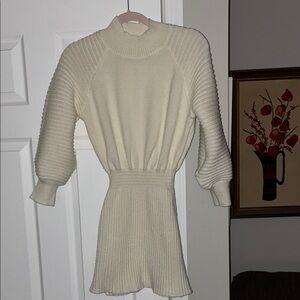 Cream Ribbed Knit Sweater Dress